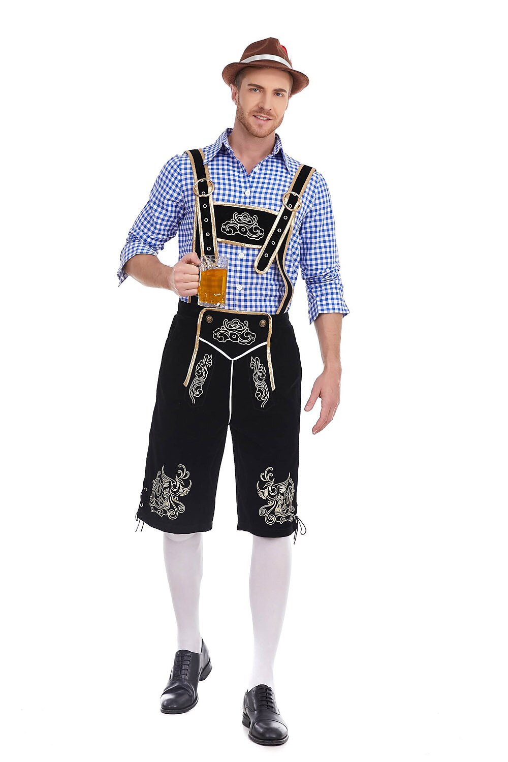 AlpenKönig kostumesæt til mænd — broderede lederhosen, ternet skjorte