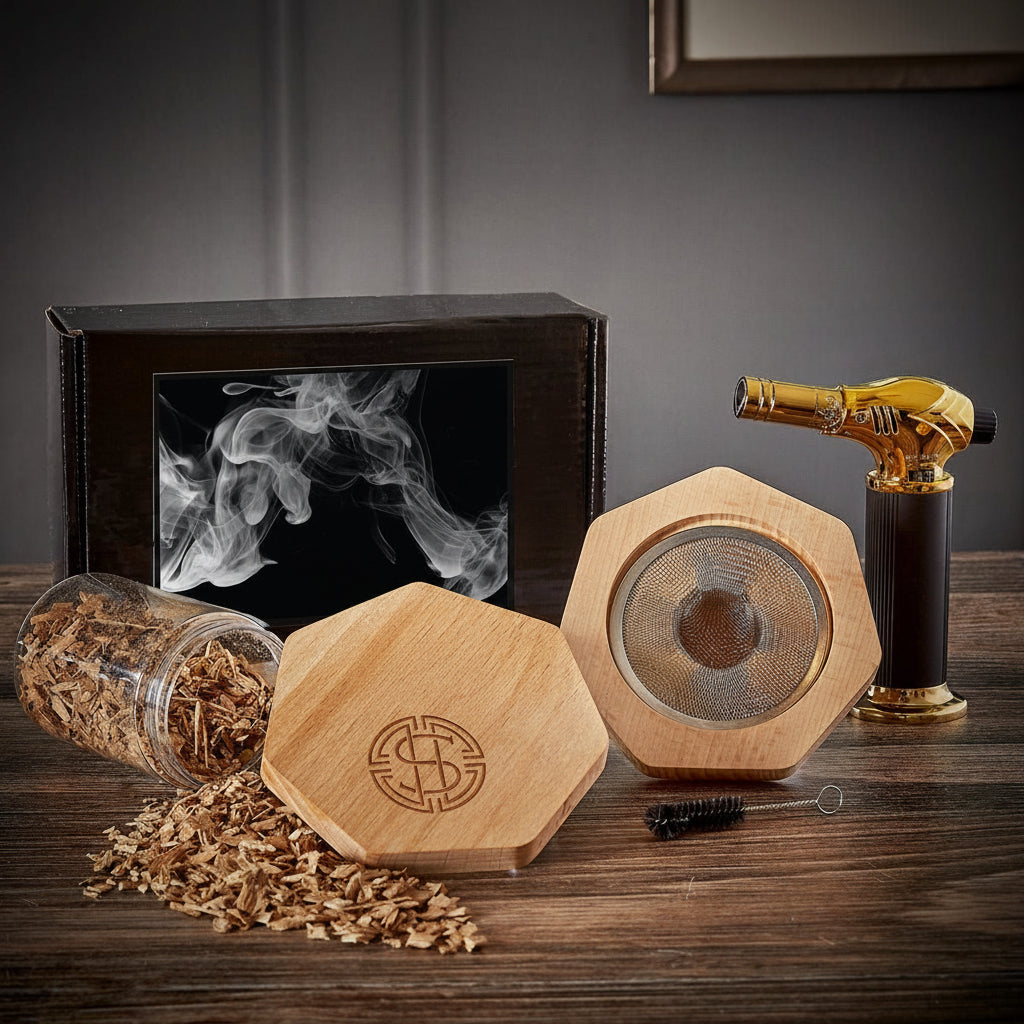 Set de regalo para ahumar cócteles — tapa para ahumar, virutas de madera y accesorios