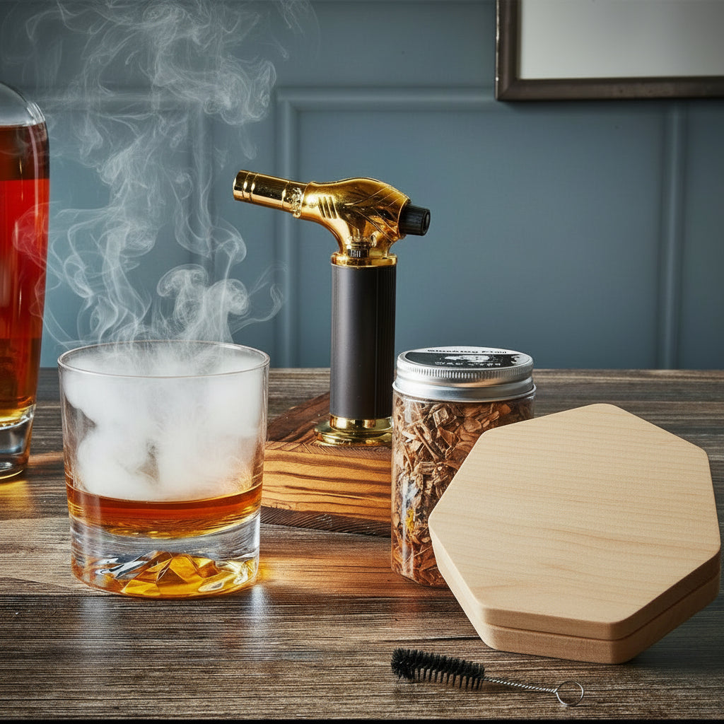 Set de regalo para ahumar cócteles — tapa para ahumar, virutas de madera y accesorios
