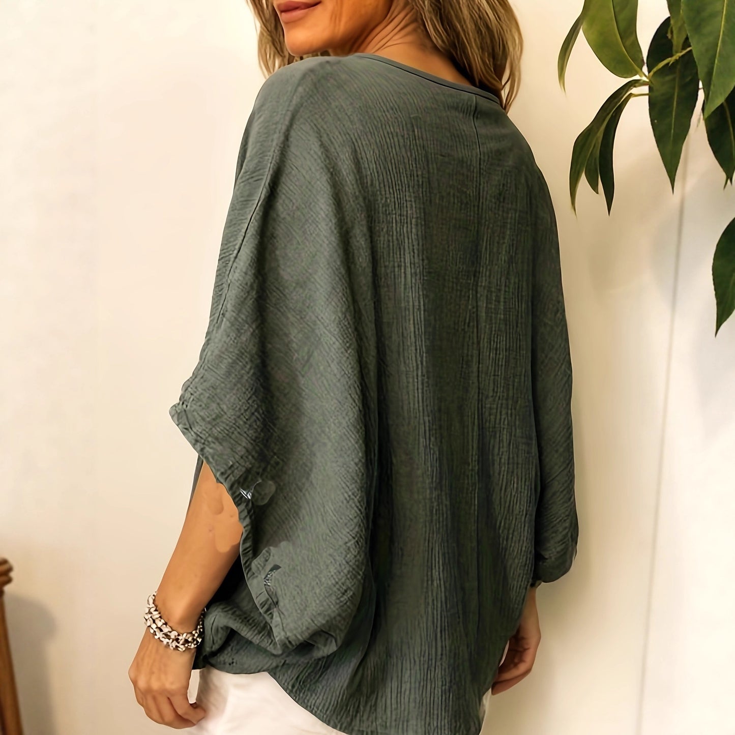 Blouse Fluide à Texture Gaufrée et Manches Chauve-Souris
