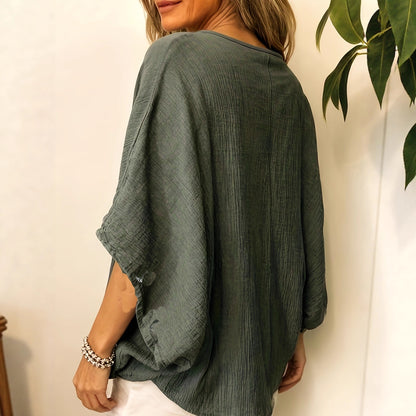 Blouse Fluide à Texture Gaufrée et Manches Chauve-Souris