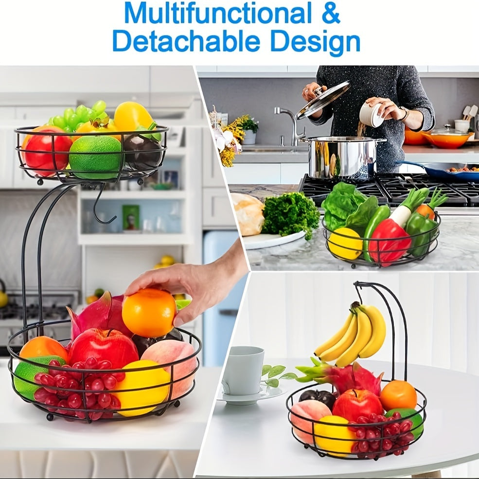 Frugtkurv i 2 etager med bananholder — oval køkkenorganisator i metal