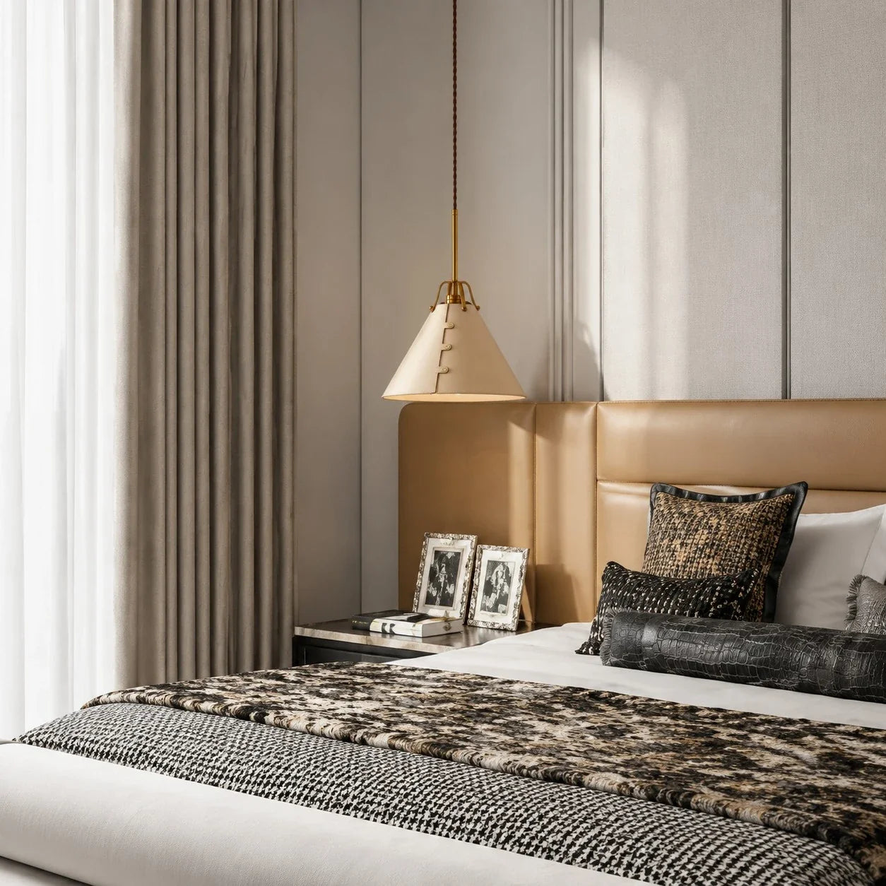 Kuželová závěsná lampa s koženým stínidlem ve vintage stylu | Esilora