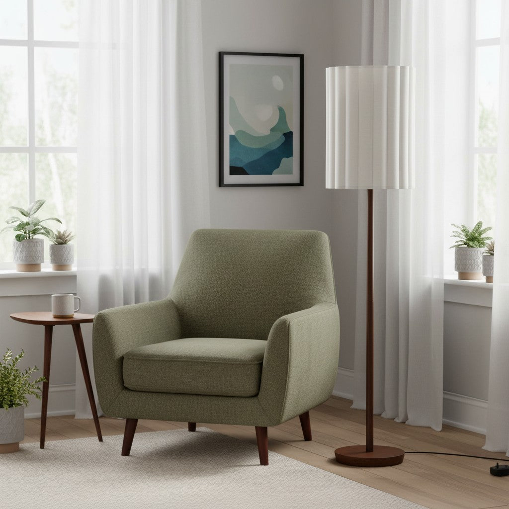Linbron golvlampa med neutral tygskärm och trästruktur – minimalistisk modern golvlampa för vardagsrum och arbetsrum | Esilora