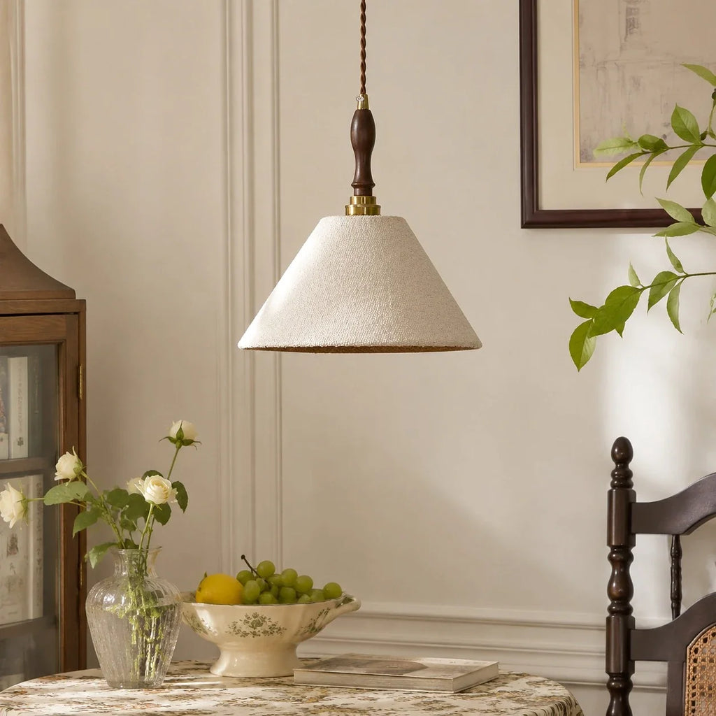 Lampada a sospensione vintage francese in tessuto color crema | Esilora