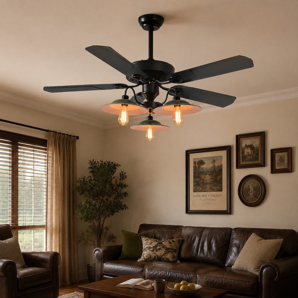 Industrielle Deckenventilatorleuchte mit Holz- oder Eisenflügeln | Esilora