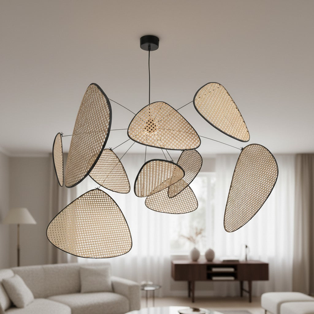 Rivana Modern Woven Rattan Chandelier – Metal Bamboo Pendant Light for Kitchens and Lounges N41 | Esilora