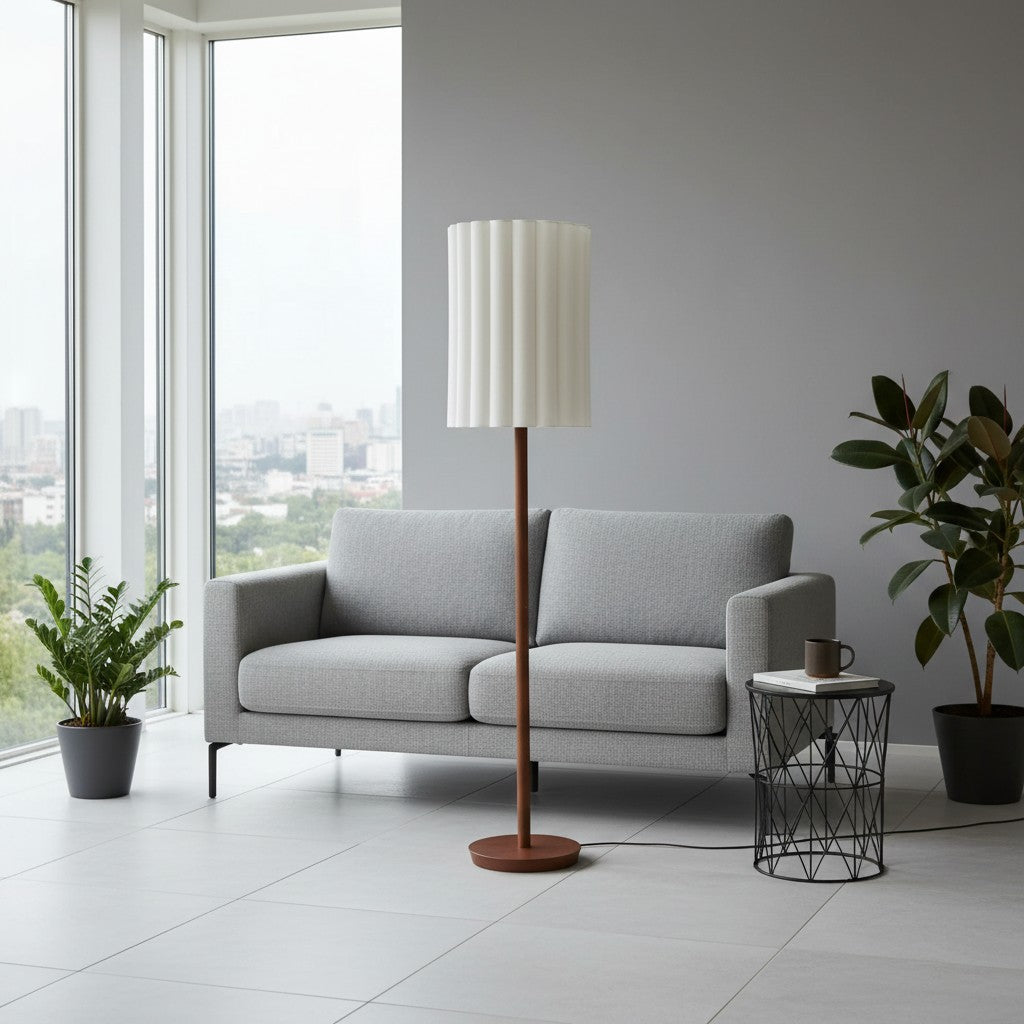 Linbron golvlampa med neutral tygskärm och trästruktur – minimalistisk modern golvlampa för vardagsrum och arbetsrum | Esilora