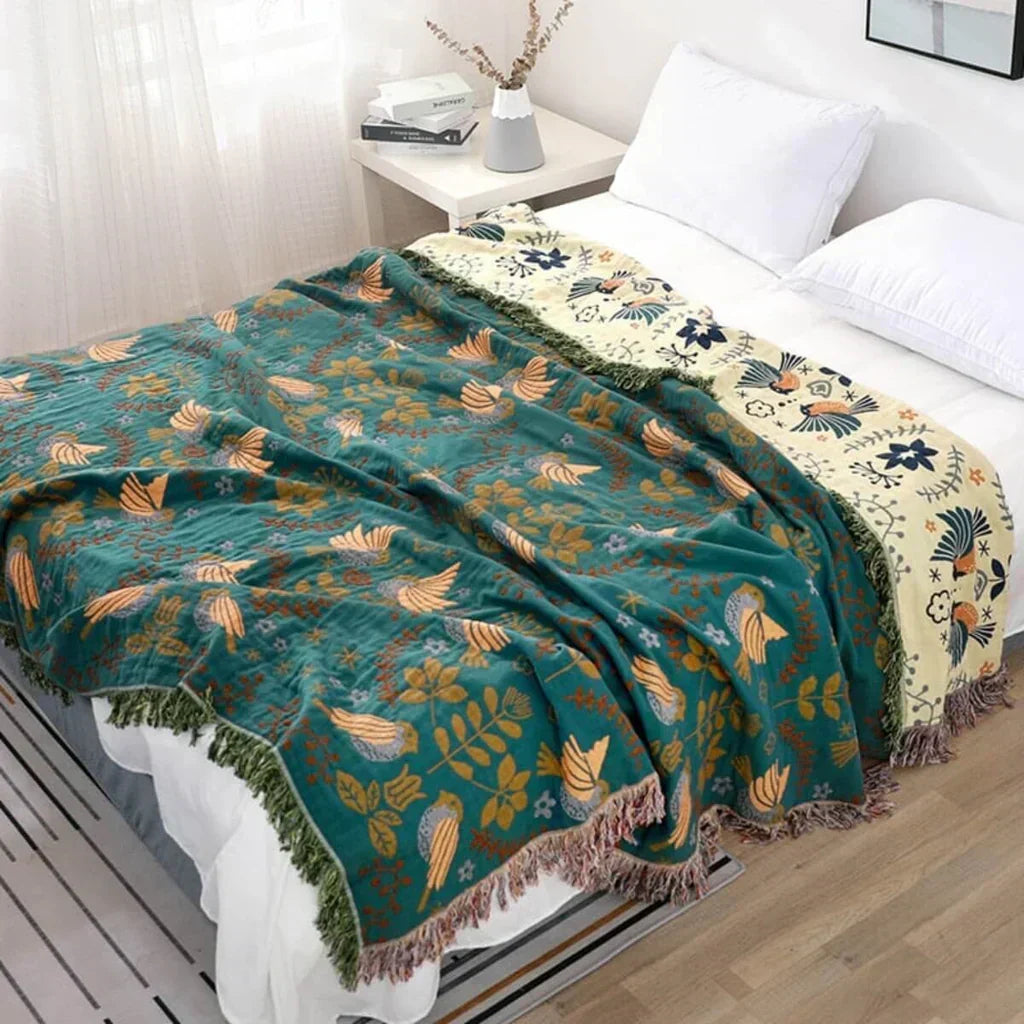 Ardelya Reversible Cotton Bird Blanket — Soft Scandinavian Design