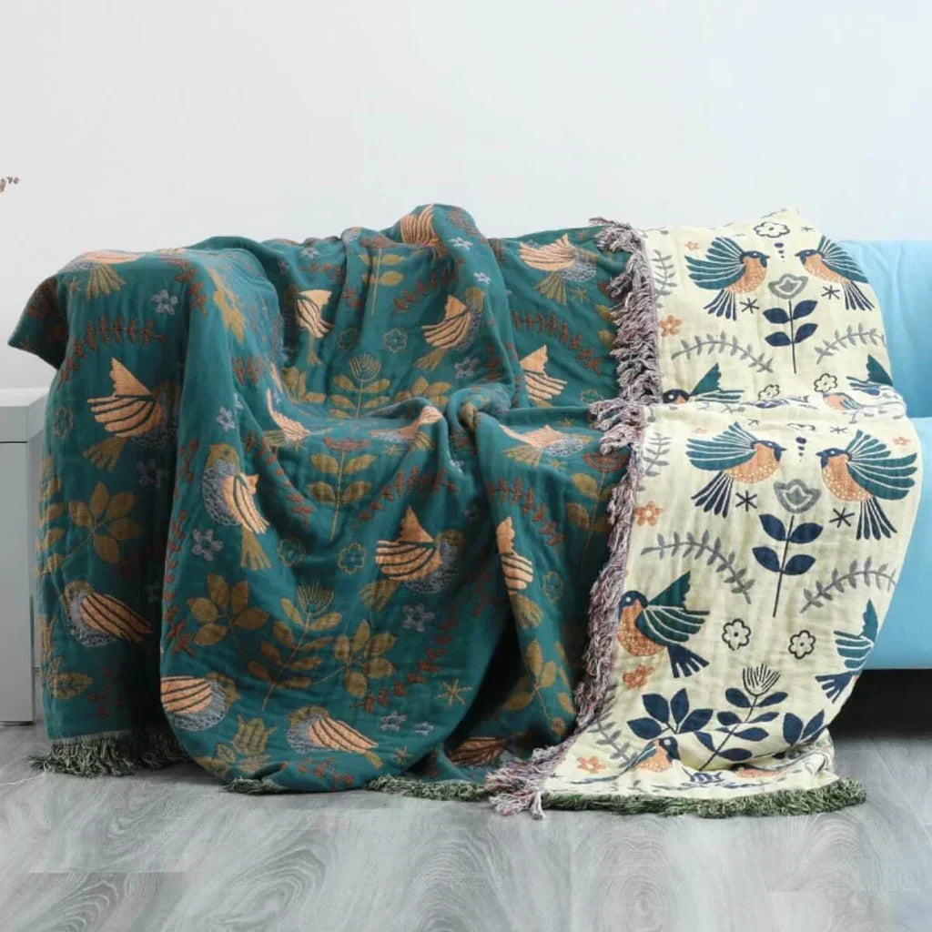 Ardelya Reversible Cotton Bird Blanket — Soft Scandinavian Design