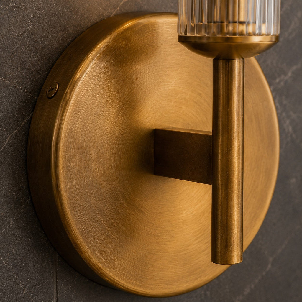 Bravira Glass Tube Wall Sconce - Classic Ribbed Brass Tube Lighting | Esilora