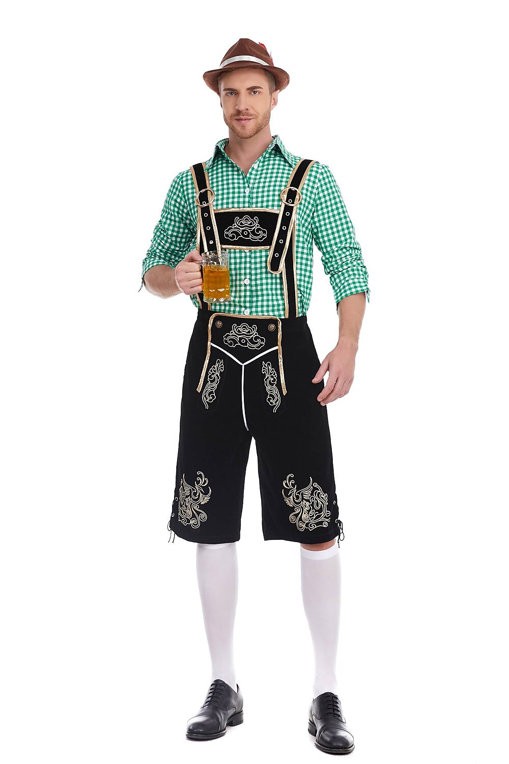 AlpenKönig kostumesæt til mænd — broderede lederhosen, ternet skjorte