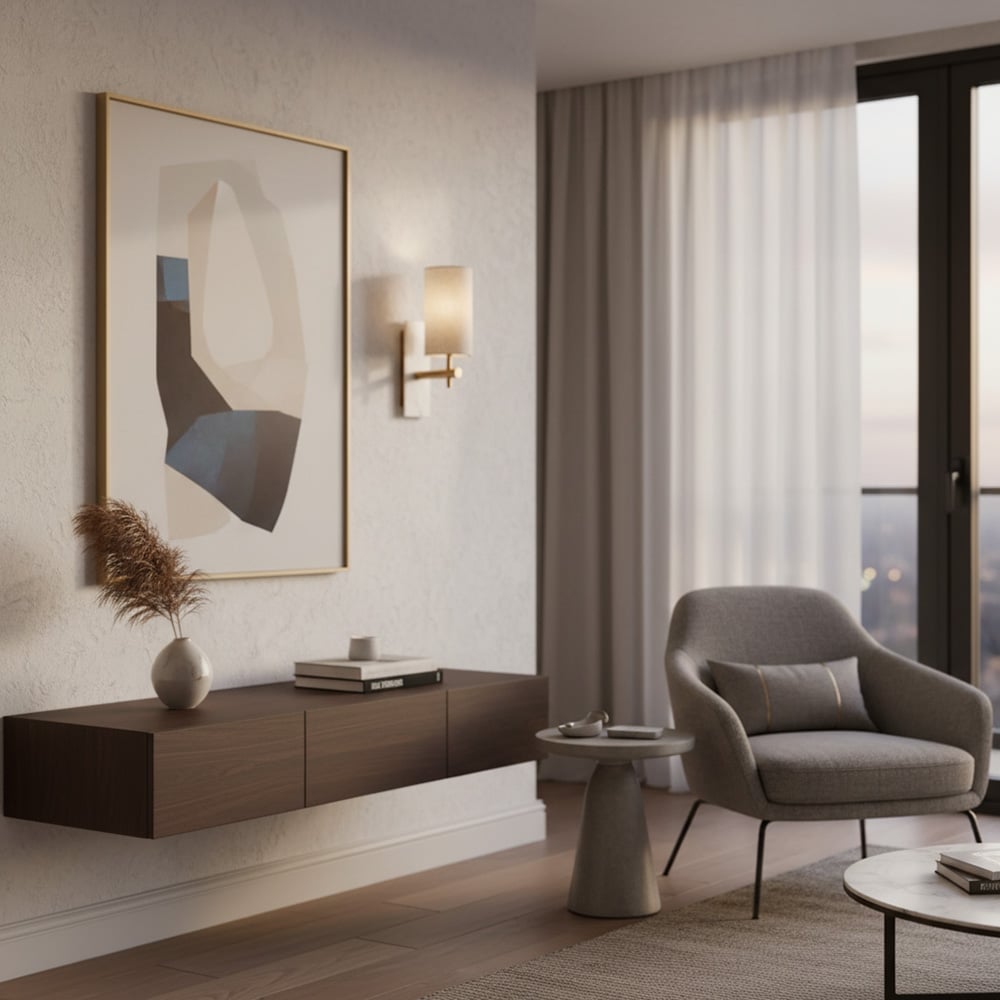 Mavora Leinen-Schirm Wandlampe mit Steinrückplatte – Elegante Schlafzimmer-Wandlampe | Esilora