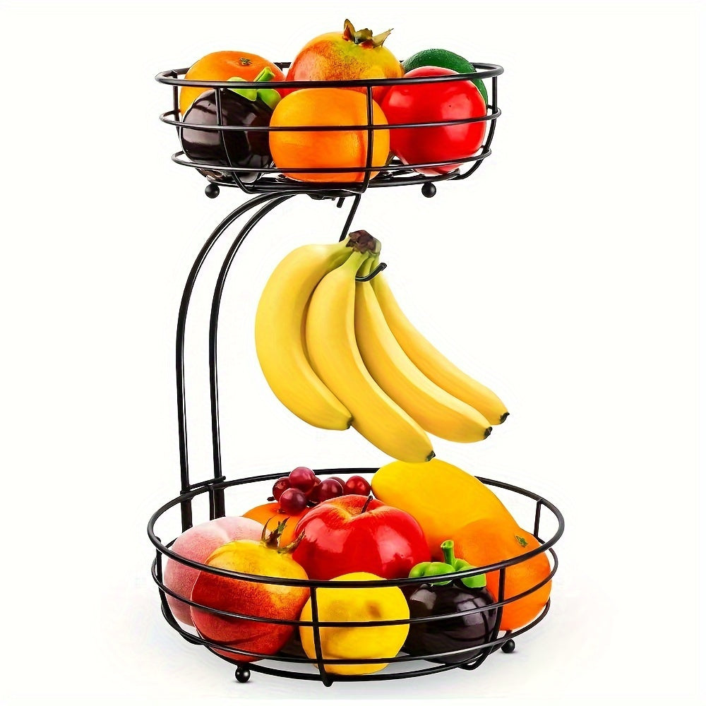 Frugtkurv i 2 etager med bananholder — oval køkkenorganisator i metal