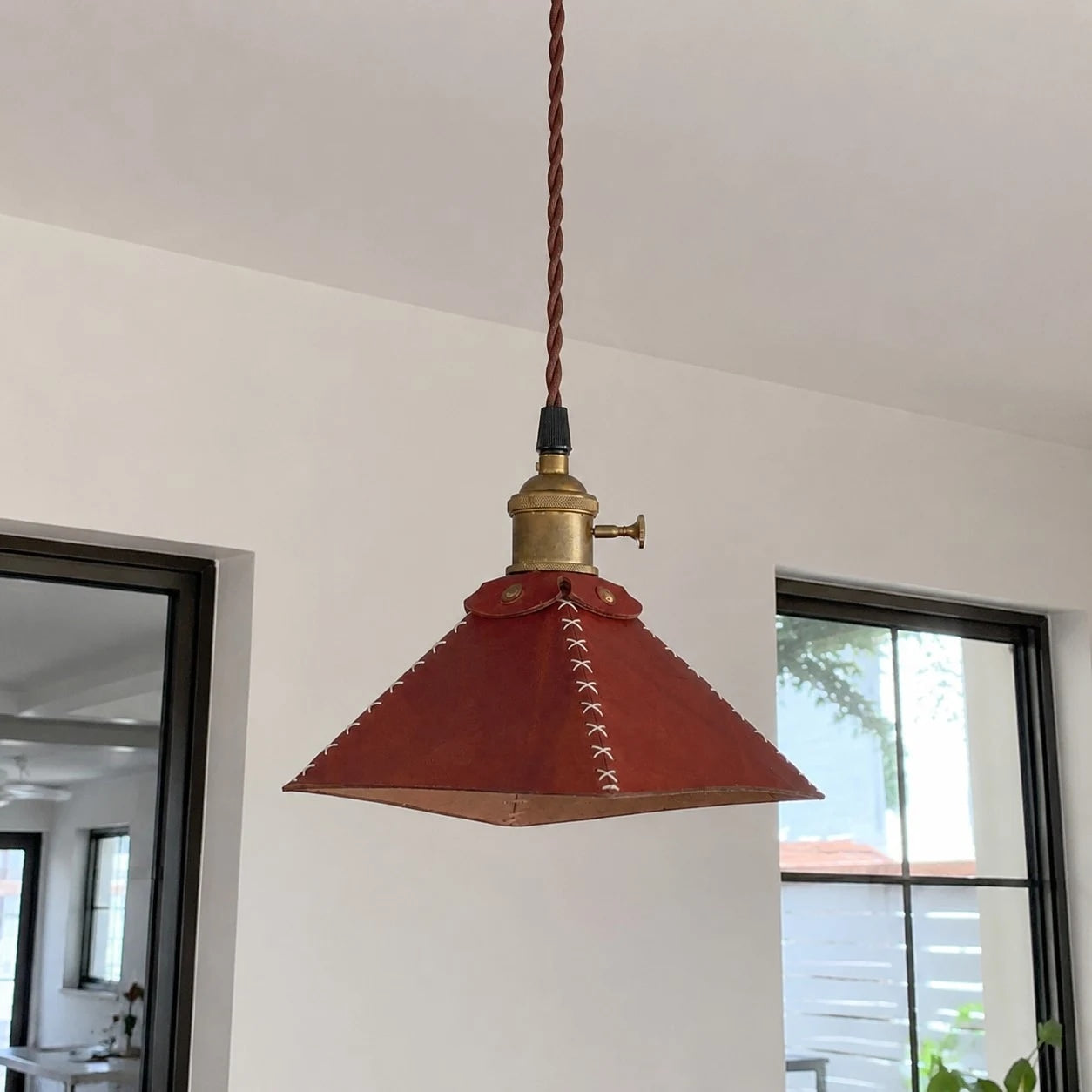 Reddish Brown Leather Pyramid Pendant Lamp | Esilora