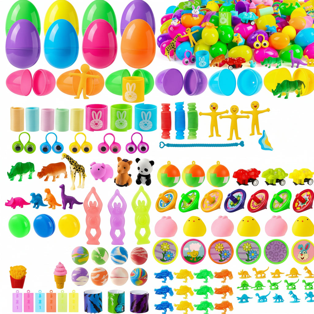 Set de huevos de Pascua rellenos — cáscaras coloridas con diversos minijuguetes