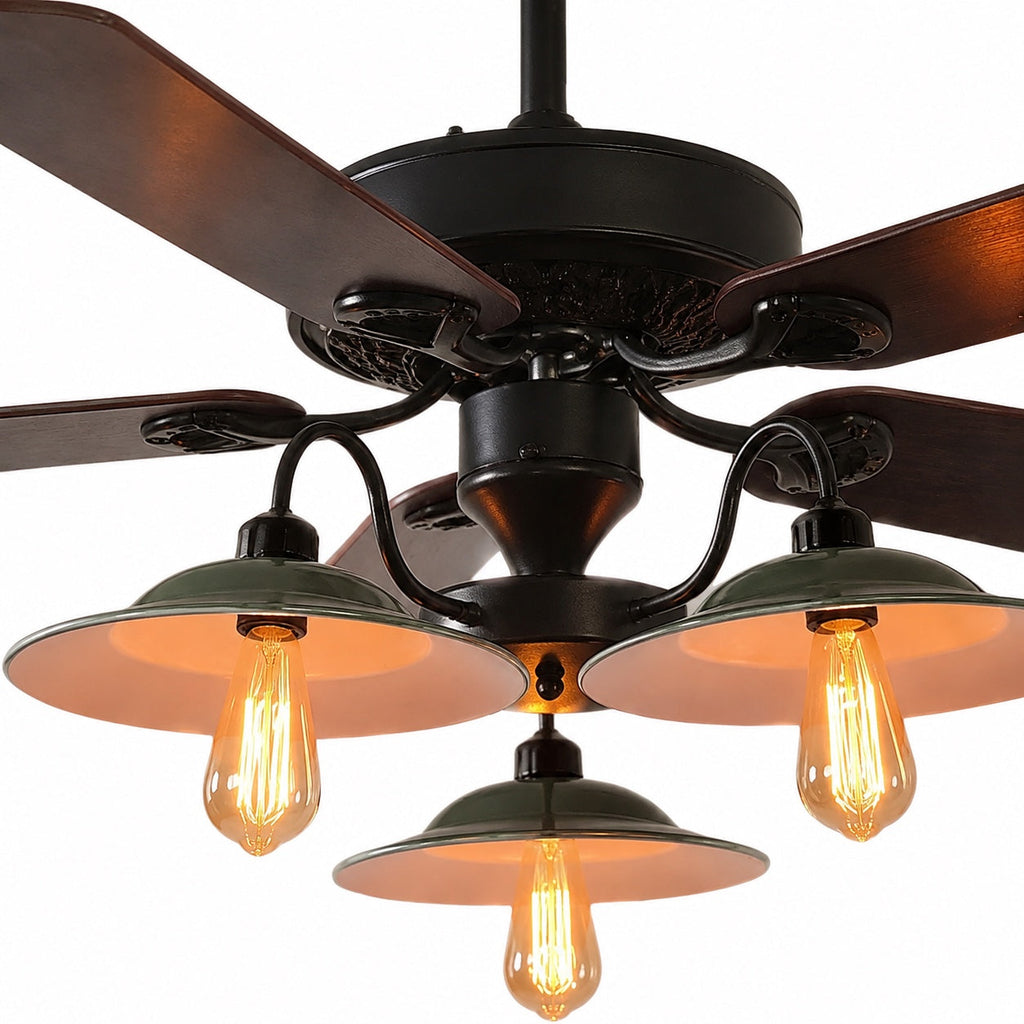 Industrielle Deckenventilatorleuchte mit Holz- oder Eisenflügeln | Esilora