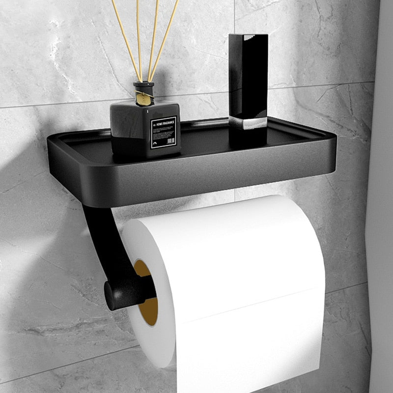 Matte Black Metal Toilet Paper Holder and Storage Shelf