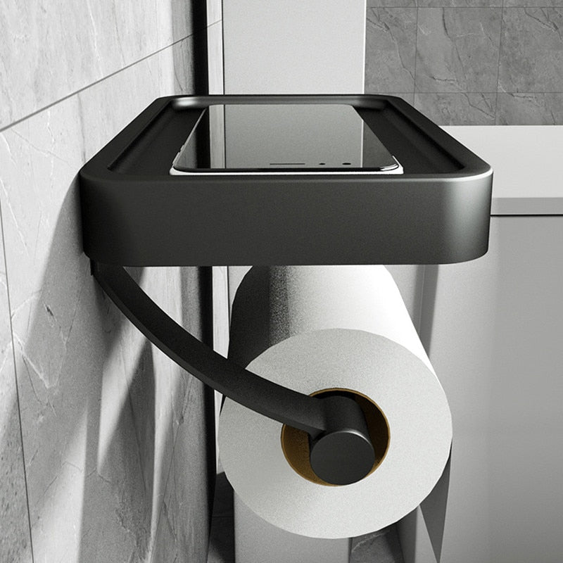 Matte Black Metal Toilet Paper Holder and Storage Shelf