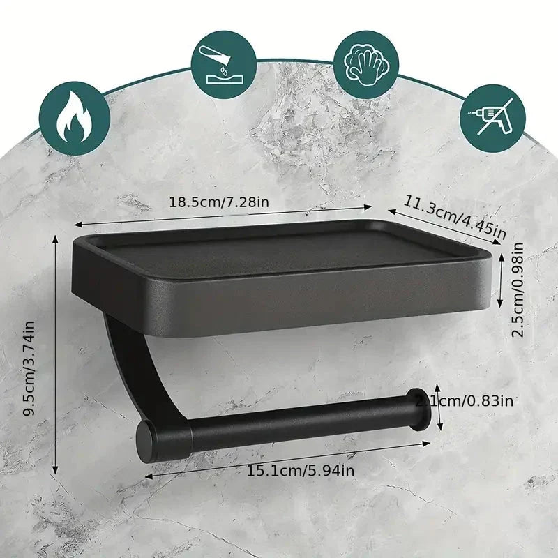 Matte Black Metal Toilet Paper Holder and Storage Shelf