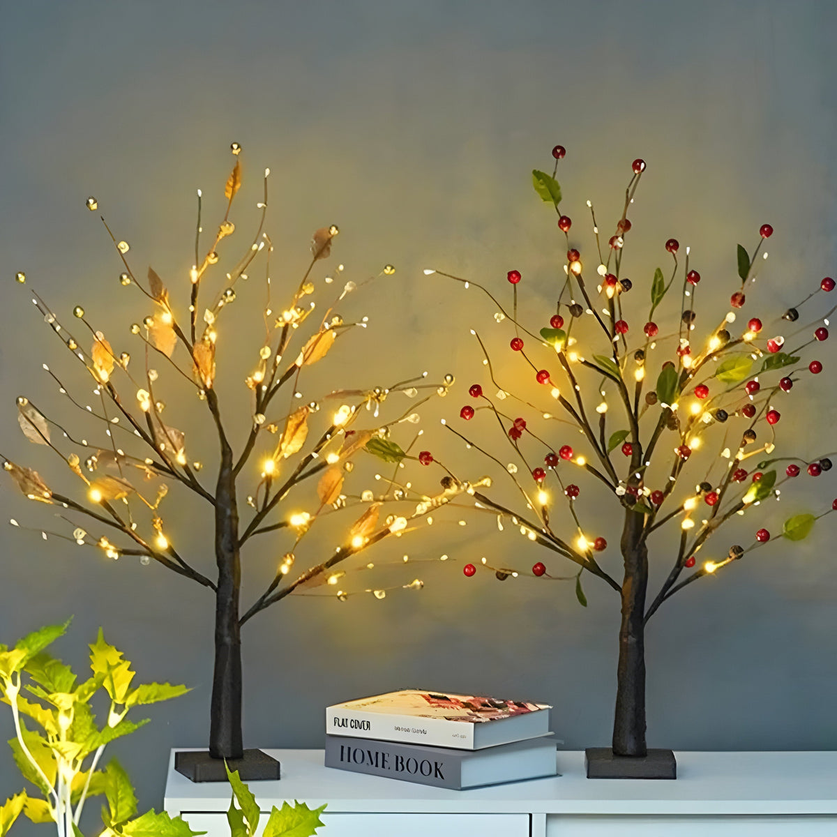 Copac decorativ luminos LED — 55 cm, lumină alb cald, 24 de LED-uri