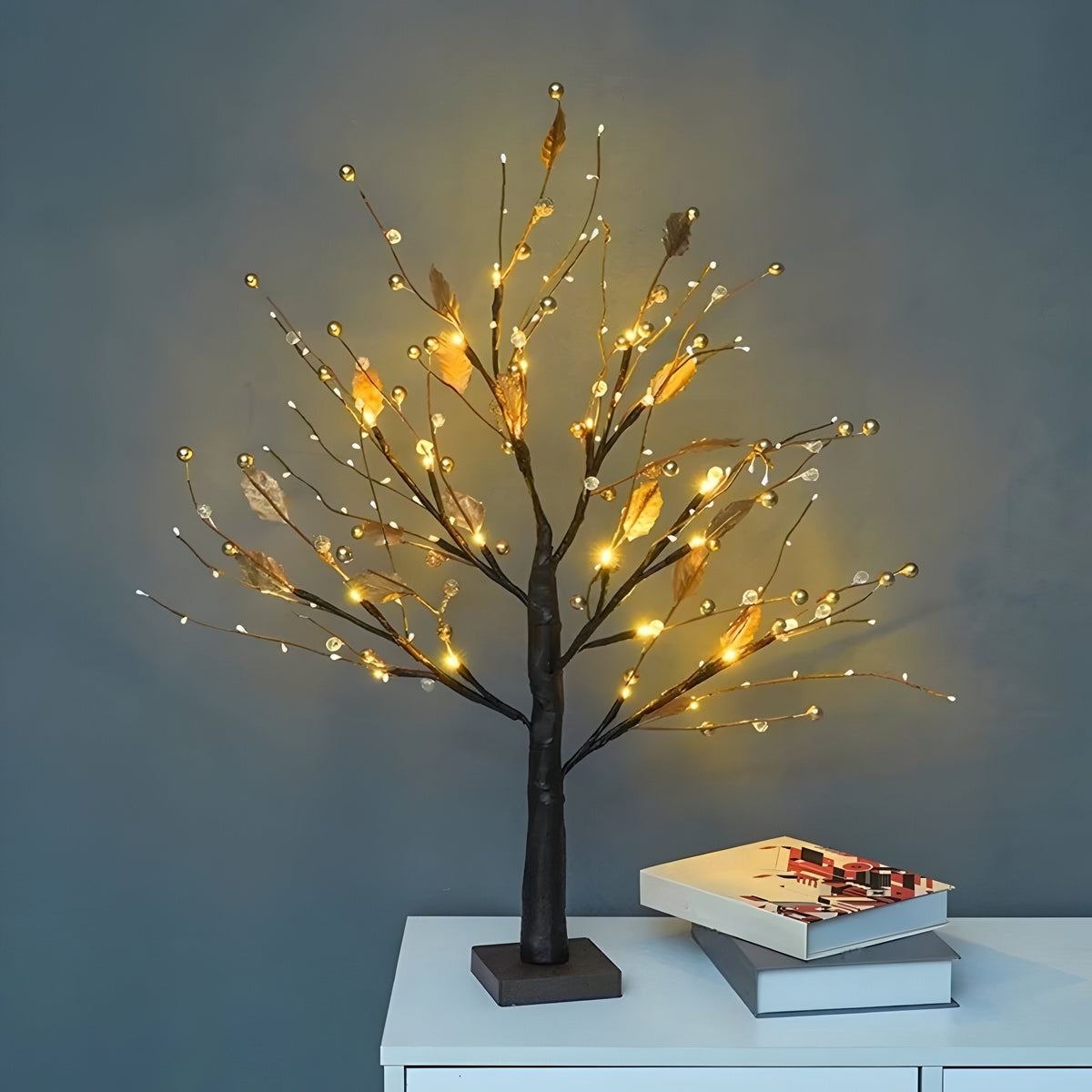Copac decorativ luminos LED — 55 cm, lumină alb cald, 24 de LED-uri