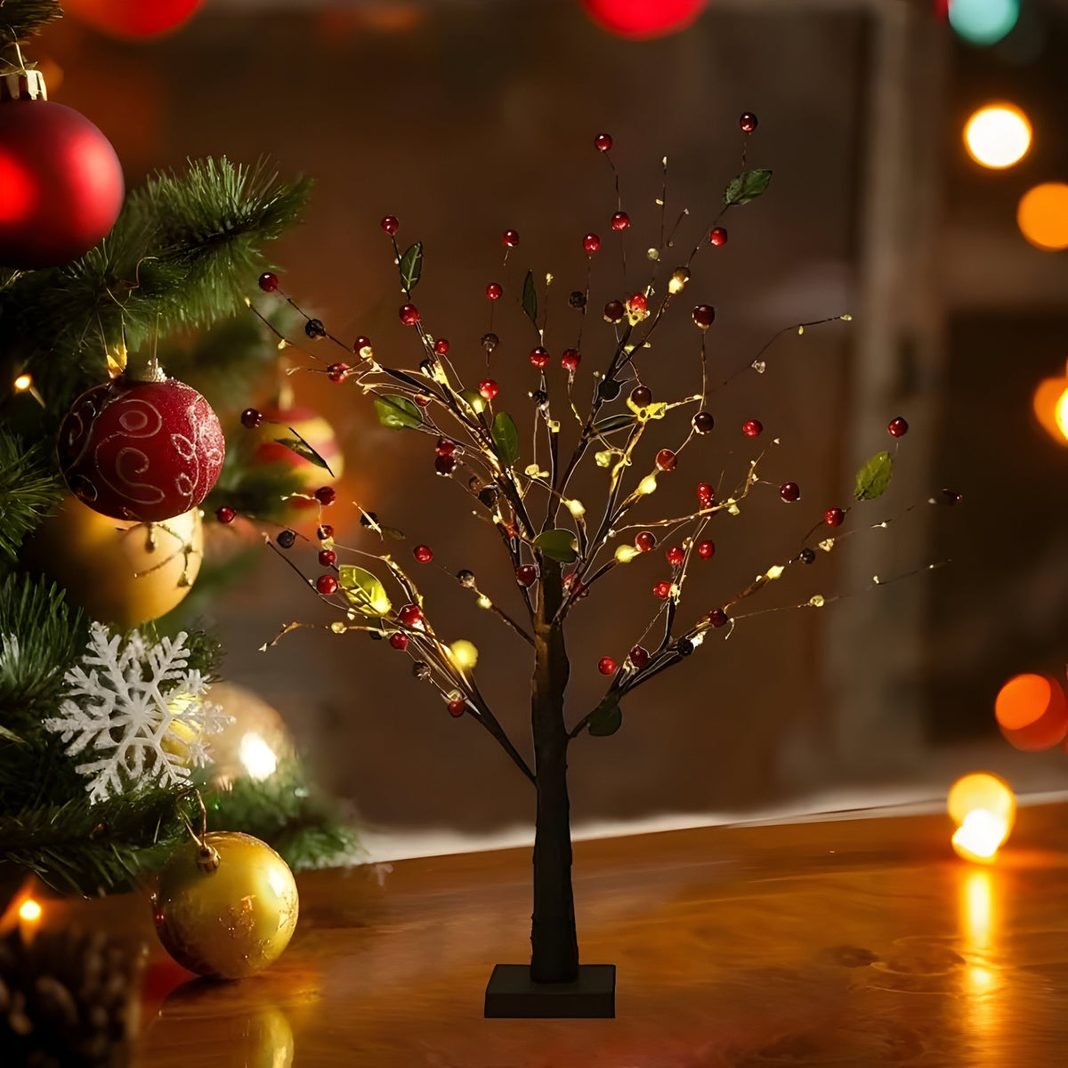 Copac decorativ luminos LED — 55 cm, lumină alb cald, 24 de LED-uri