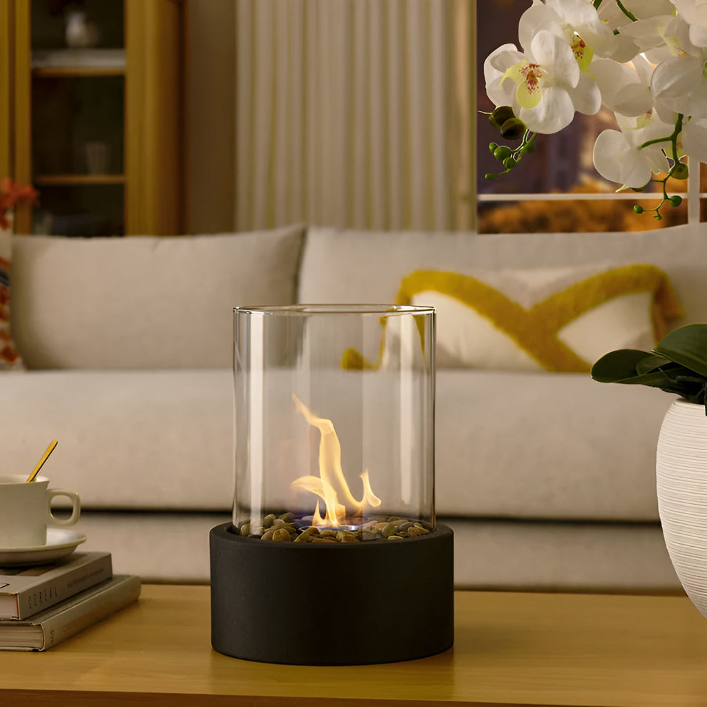 Smokeless Bioethanol Tabletop Fireplace — Modern Glass & Metal Frame