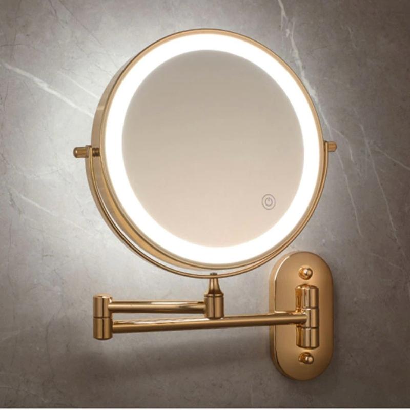 Oglindă cosmetică LED montată pe perete - finisaj auriu, cu mărire