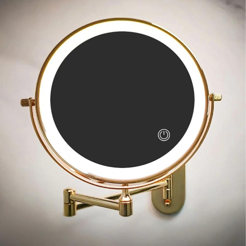 Oglindă cosmetică LED montată pe perete - finisaj auriu, cu mărire