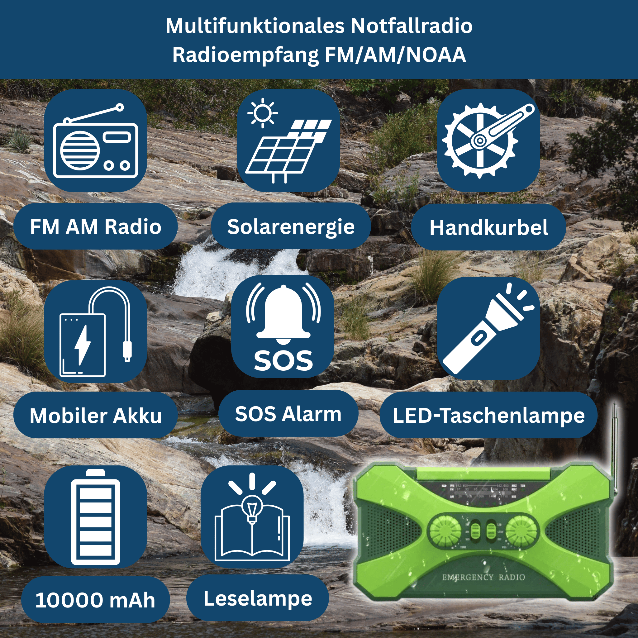 Napelemes és kézi hajtású vészhelyzeti rádió 10 000 mAh-s power bankkal – Esilora