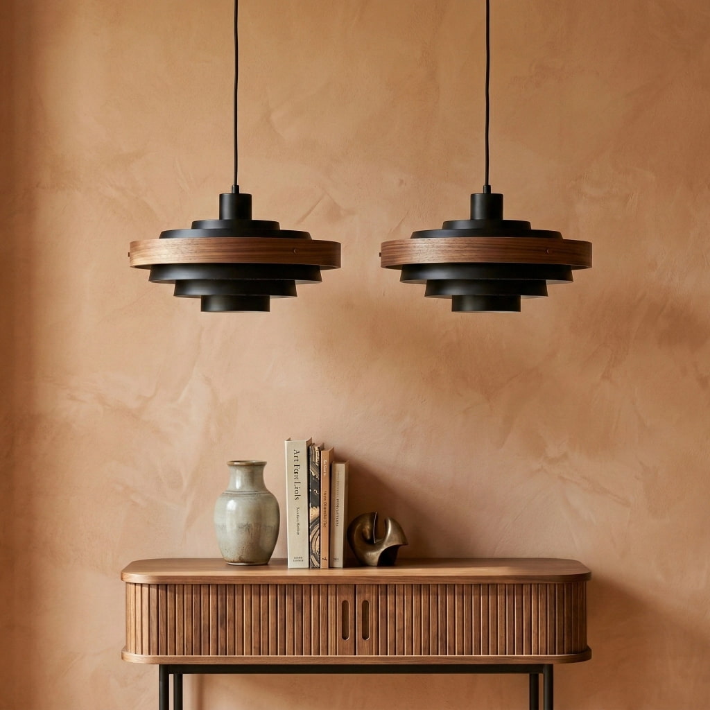 Suspension contemporaine à étages Layervelle – Lampe sculpturale suspendue en bois et métal pour les espaces de vie | Esilora