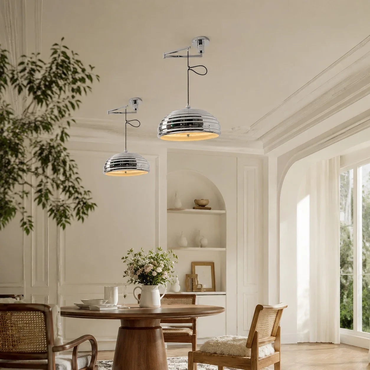 Industrielle Bauhaus-Pendelleuchte mit verstellbarem Arm in poliertem Chrom | Esilora