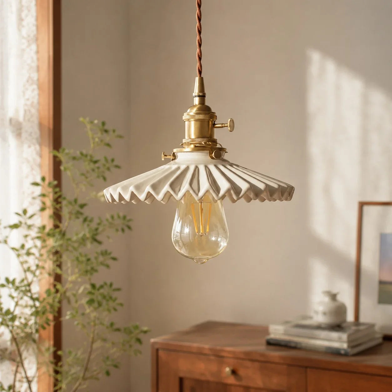 Pleated Ceramic Pendant Light with Brass Hardware | Esilora