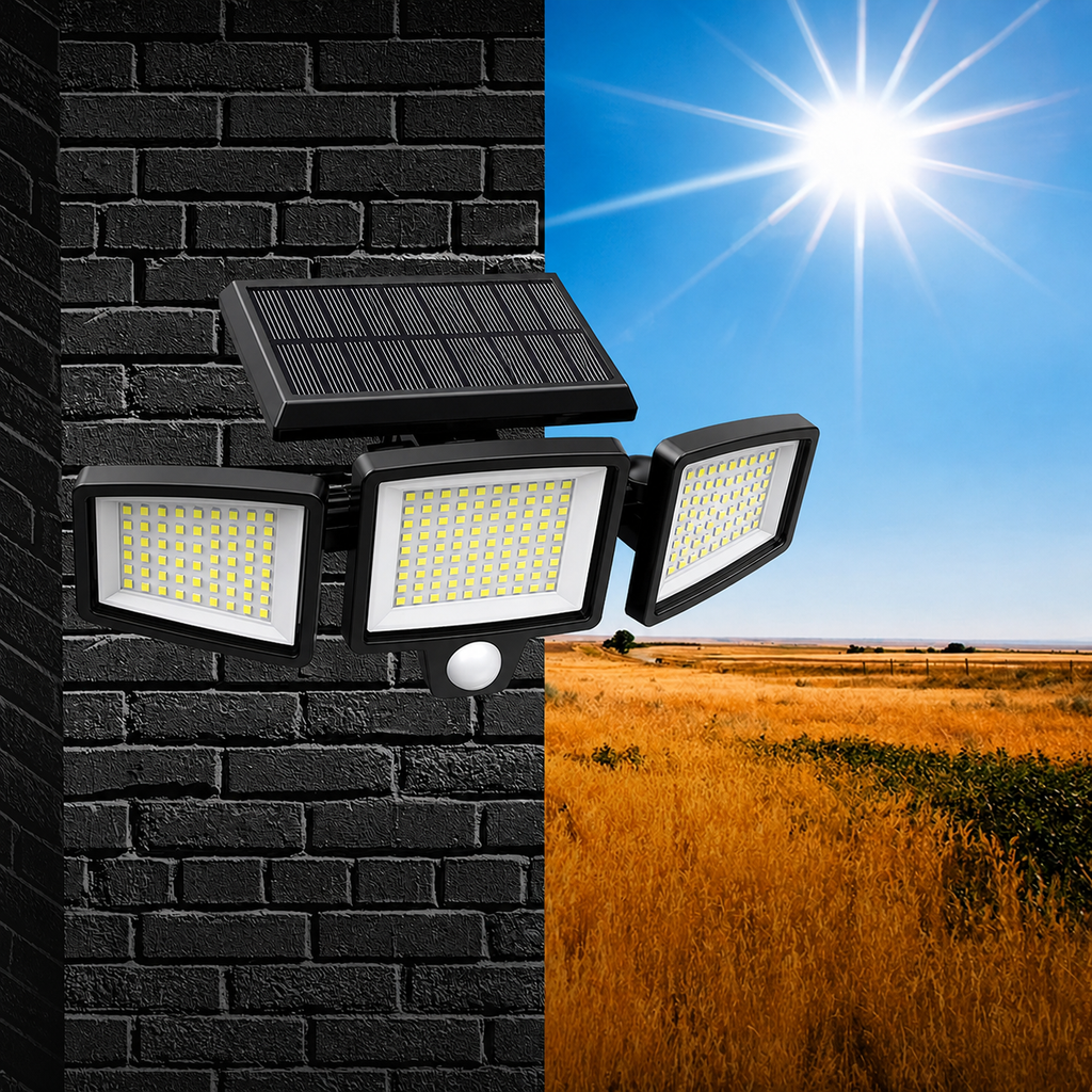 Luz de segurança solar — detetor de movimento, emissor portátil, elevada eficiência