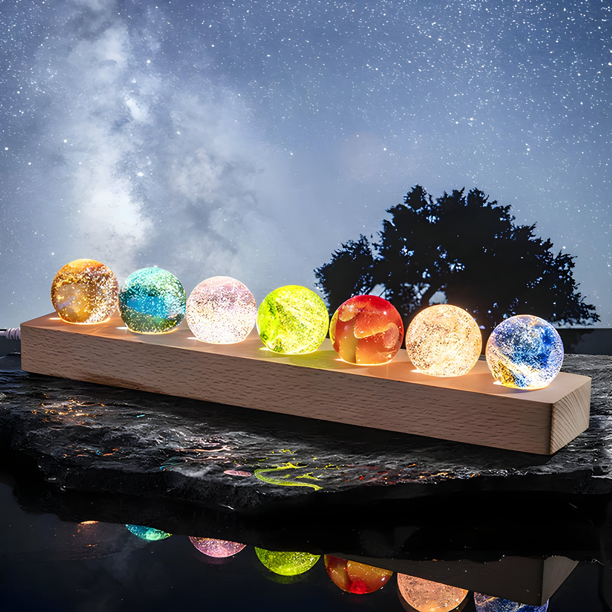 Color-Changing LED Table Lamp — Wood Base and Glass Orb