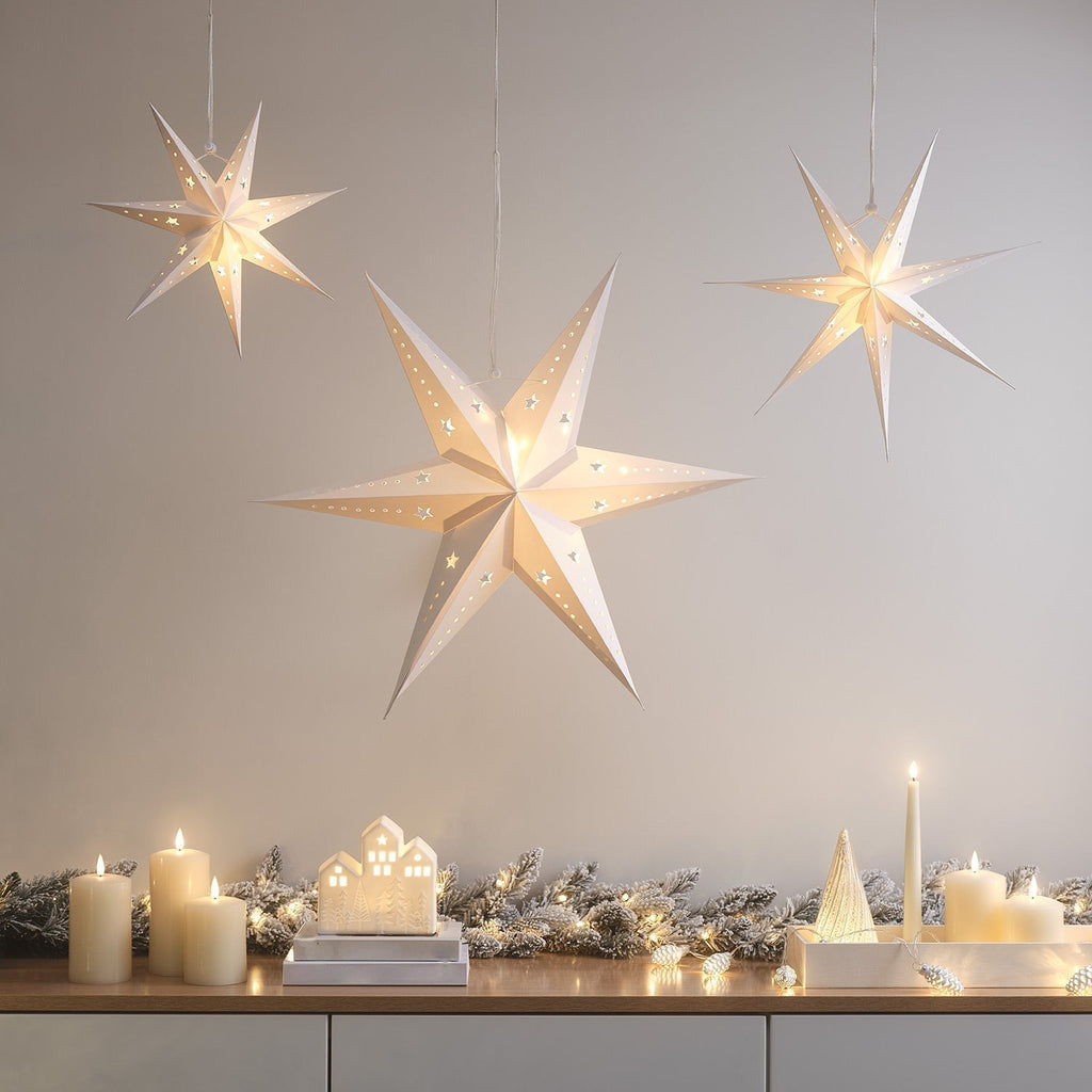 Lumini albe în formă de stele din hârtie, alimentate cu baterii, cu LED-uri alb cald, pentru decorul de Crăciun