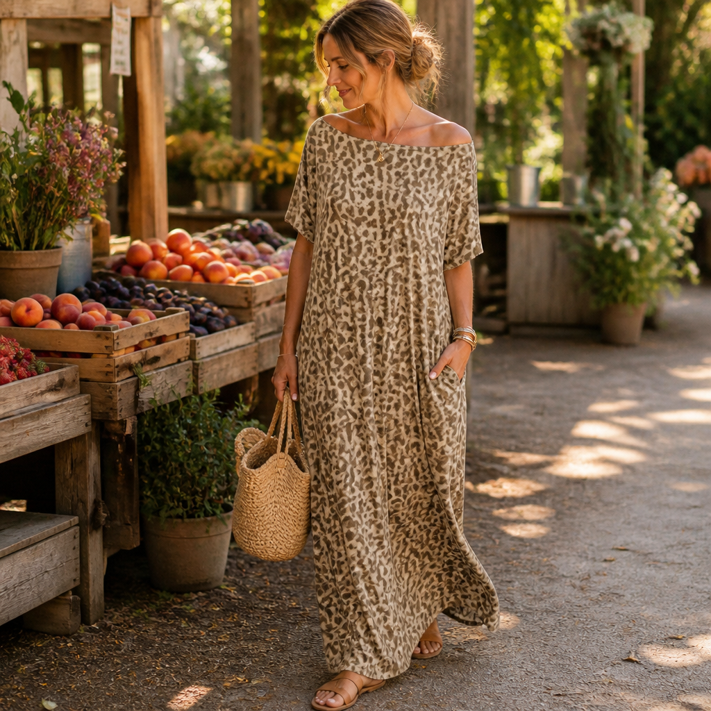 SolariaFlow – Relaxed Off-Shoulder Maxi Dress with Hidden Pockets - Esilora