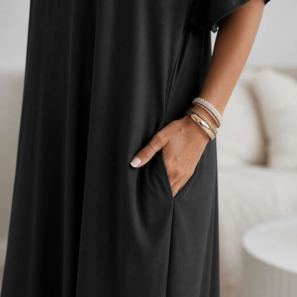 SolariaFlow – Relaxed Off-Shoulder Maxi Dress with Hidden Pockets - Esilora