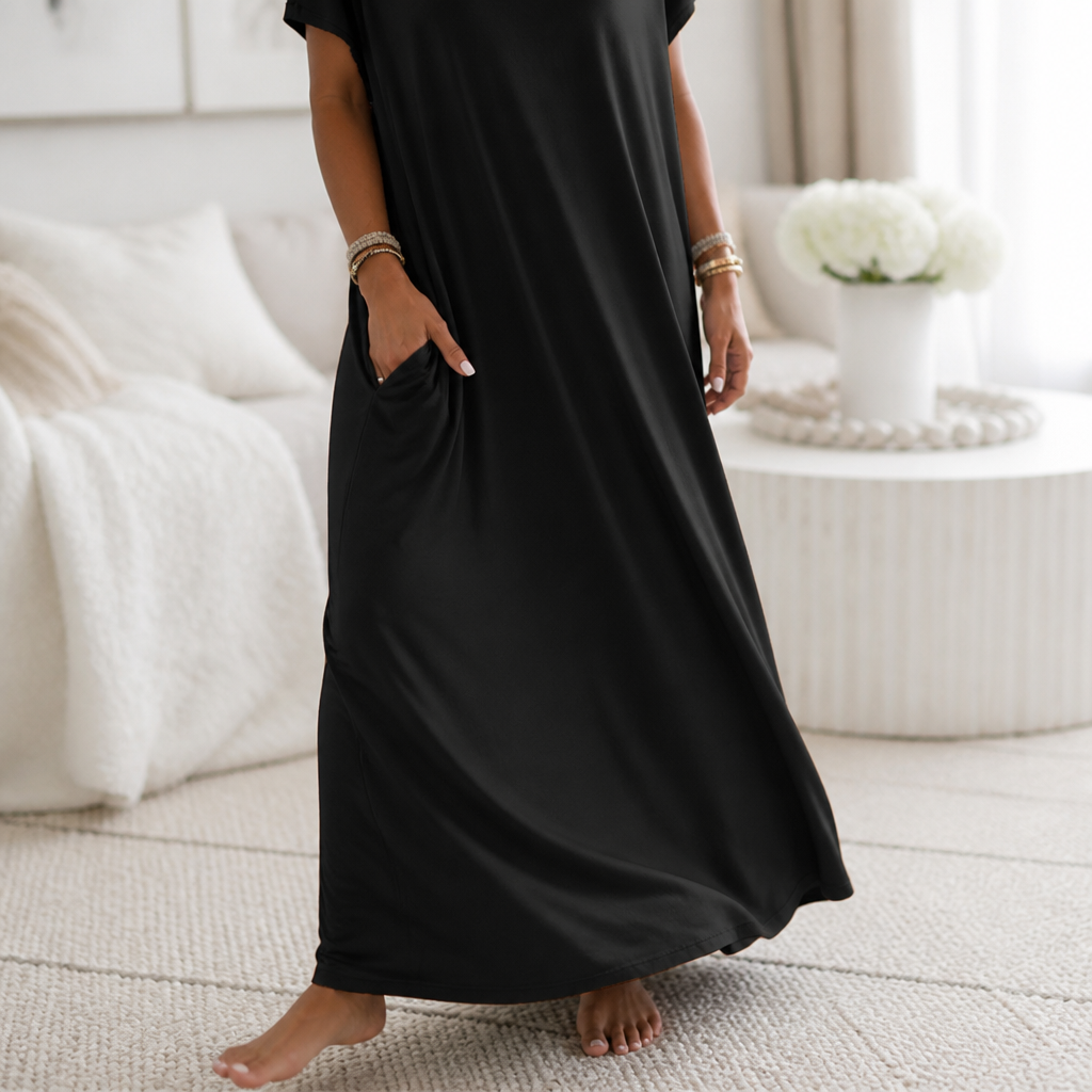 SolariaFlow – Relaxed Off-Shoulder Maxi Dress with Hidden Pockets - Esilora