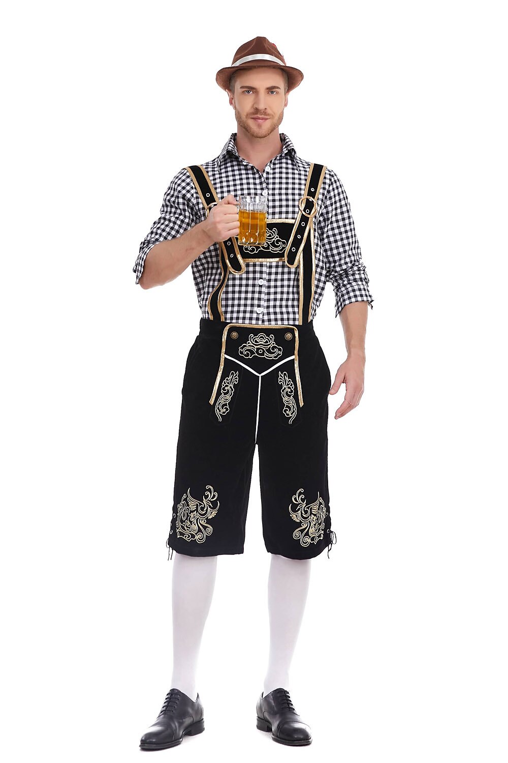 AlpenKönig kostumesæt til mænd — broderede lederhosen, ternet skjorte
