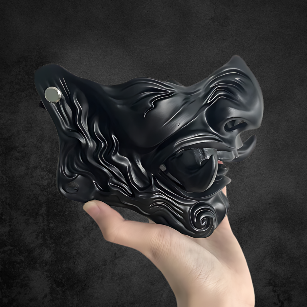 Mască japoneză de samurai - plastic rigid negru mat, contururi sculptate