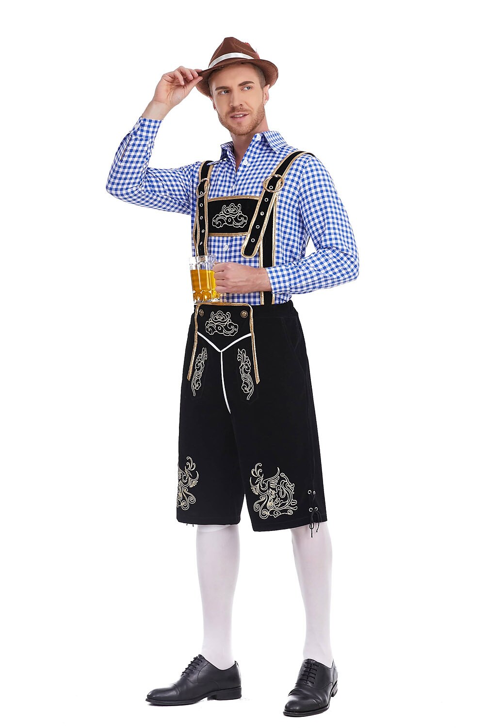 AlpenKönig kostumesæt til mænd — broderede lederhosen, ternet skjorte