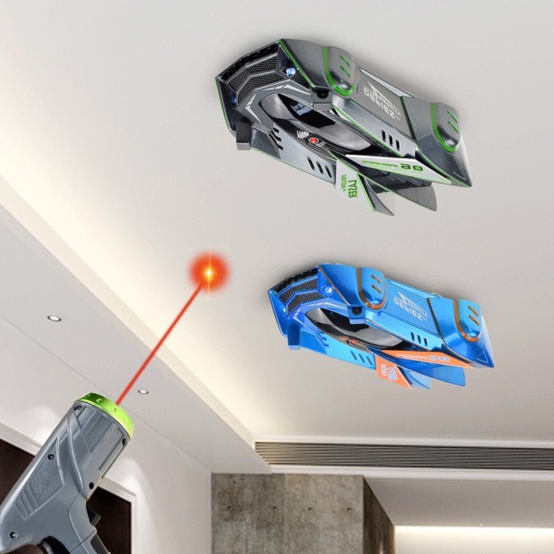 Mașinuță de jucărie cu laser, controlată de la distanță — alimentată cu baterii, aderență pe pereți și tavane