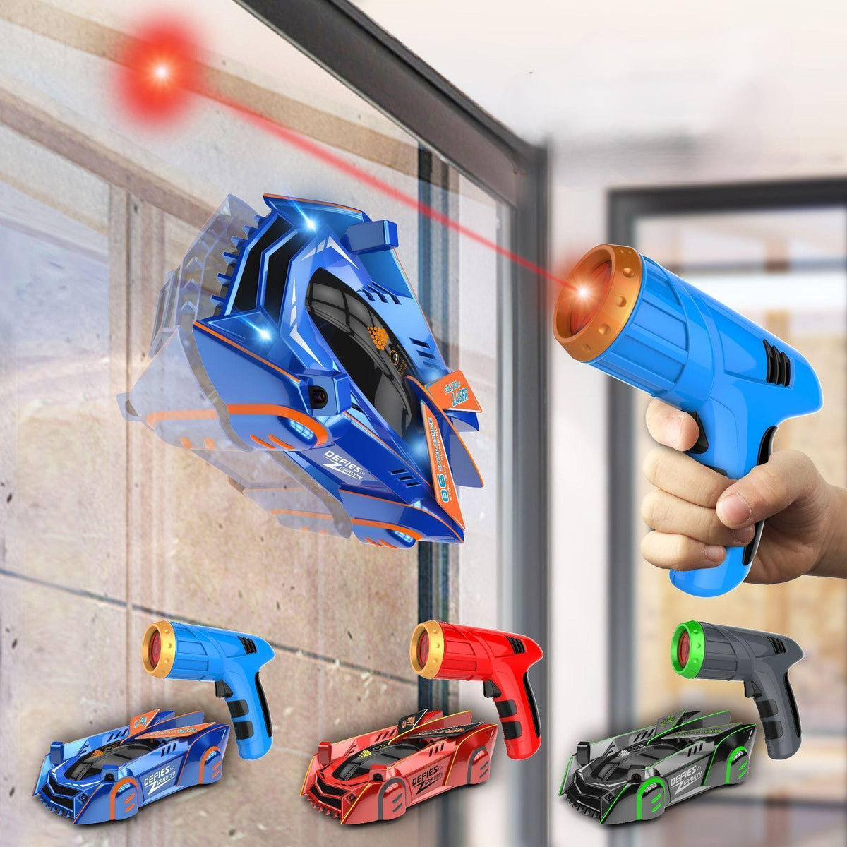 Mașinuță de jucărie cu laser, controlată de la distanță — alimentată cu baterii, aderență pe pereți și tavane