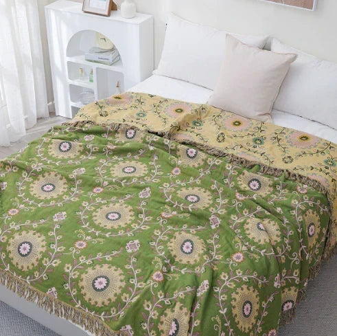 Coperta reversibile in cotone Ardelya con motivo a uccelli — design scandinavo morbido