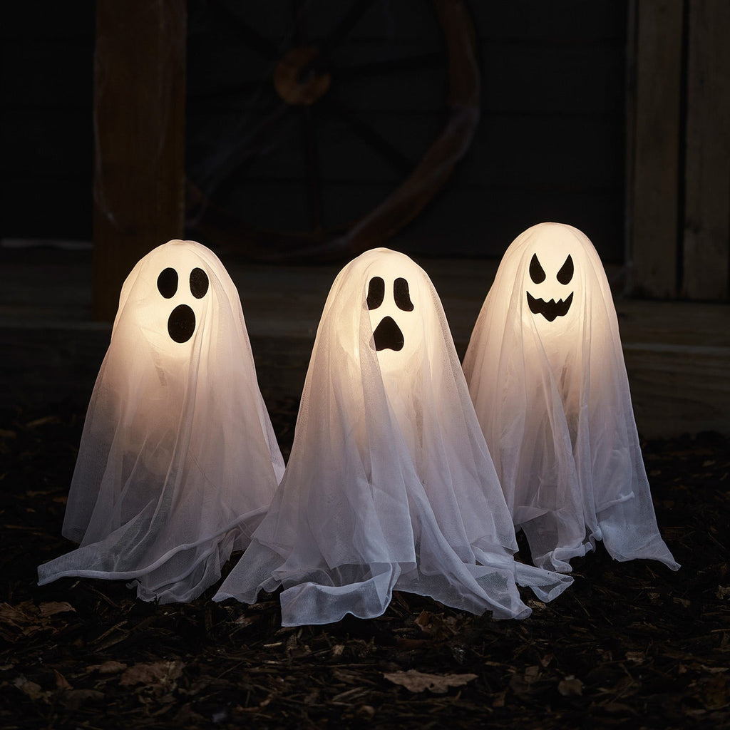 Lămpi LED de Halloween în formă de fantome, cu țăruș — Set de 3 piese