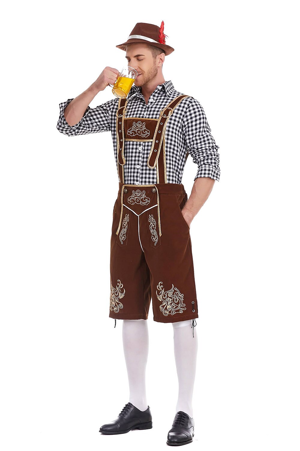 AlpenKönig kostumesæt til mænd — broderede lederhosen, ternet skjorte