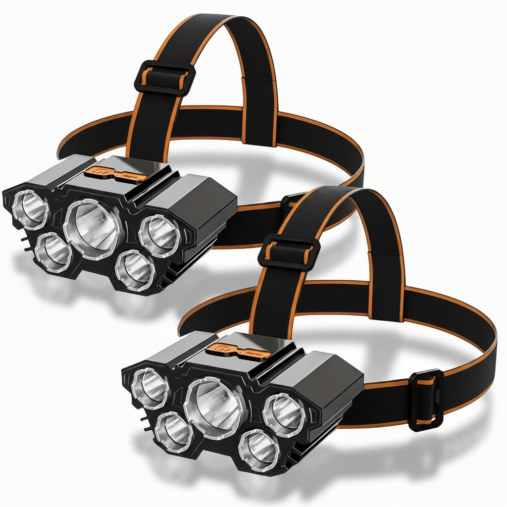 Lanterna frontal para caminhada — LED de 5 elementos, bateria de lítio de 1800 mAh