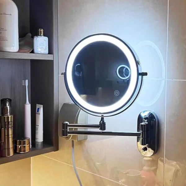 Kerek LED-es falitükör — rozsdamentes acél keret, beépített nagyító
